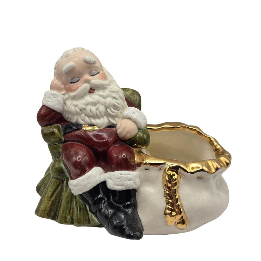 Sleeping Santa Claus Planter Figurine Red White Green Gold Vintage Holiday